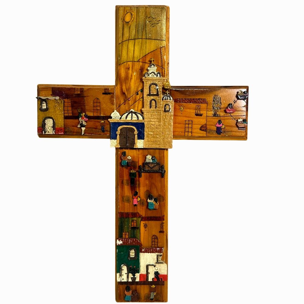 Folk Art Hand Painted 3-D Wood Cross Village Scene 20” x 14”